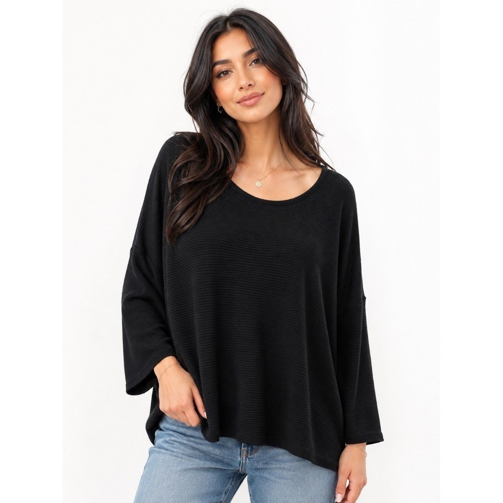 Michael Stars Womens Black Ribbed Oversized Dolman Sleeve Top Blouse S